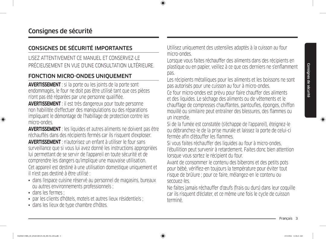 Samsung NQ50K3130BS/EF, NQ50K3130BS/EG manual Consignes de sécurité, Français  